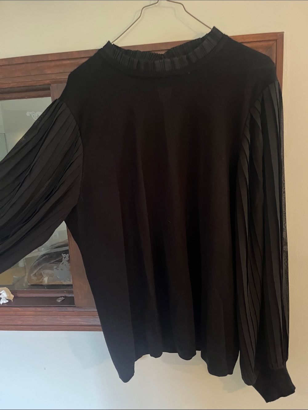 Adrianna Papell Black Pleated-Sleeve Blouse with Mock Neck